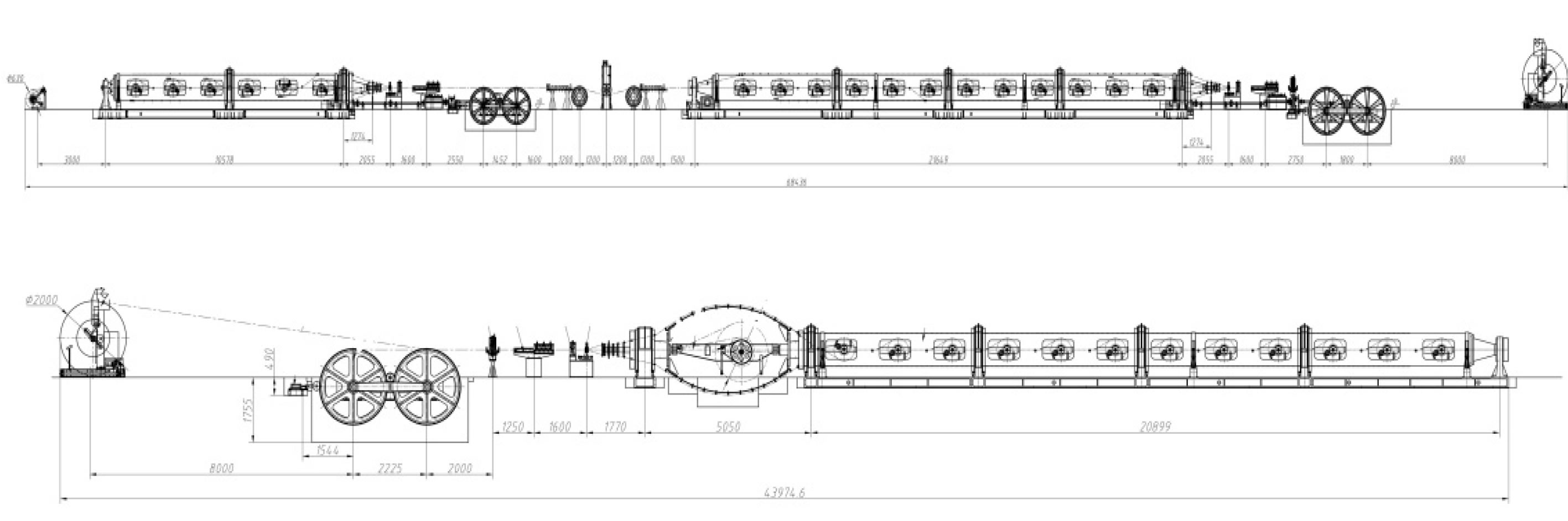 نقشه جانمایی ماشین استرندینگ لولهای ماشین سیم و کابل برای تاباندن هادیهای مسی و آلومینیومی در کابلهای قدرت، کنترل و مخابراتی به صورت چند رشتهای.